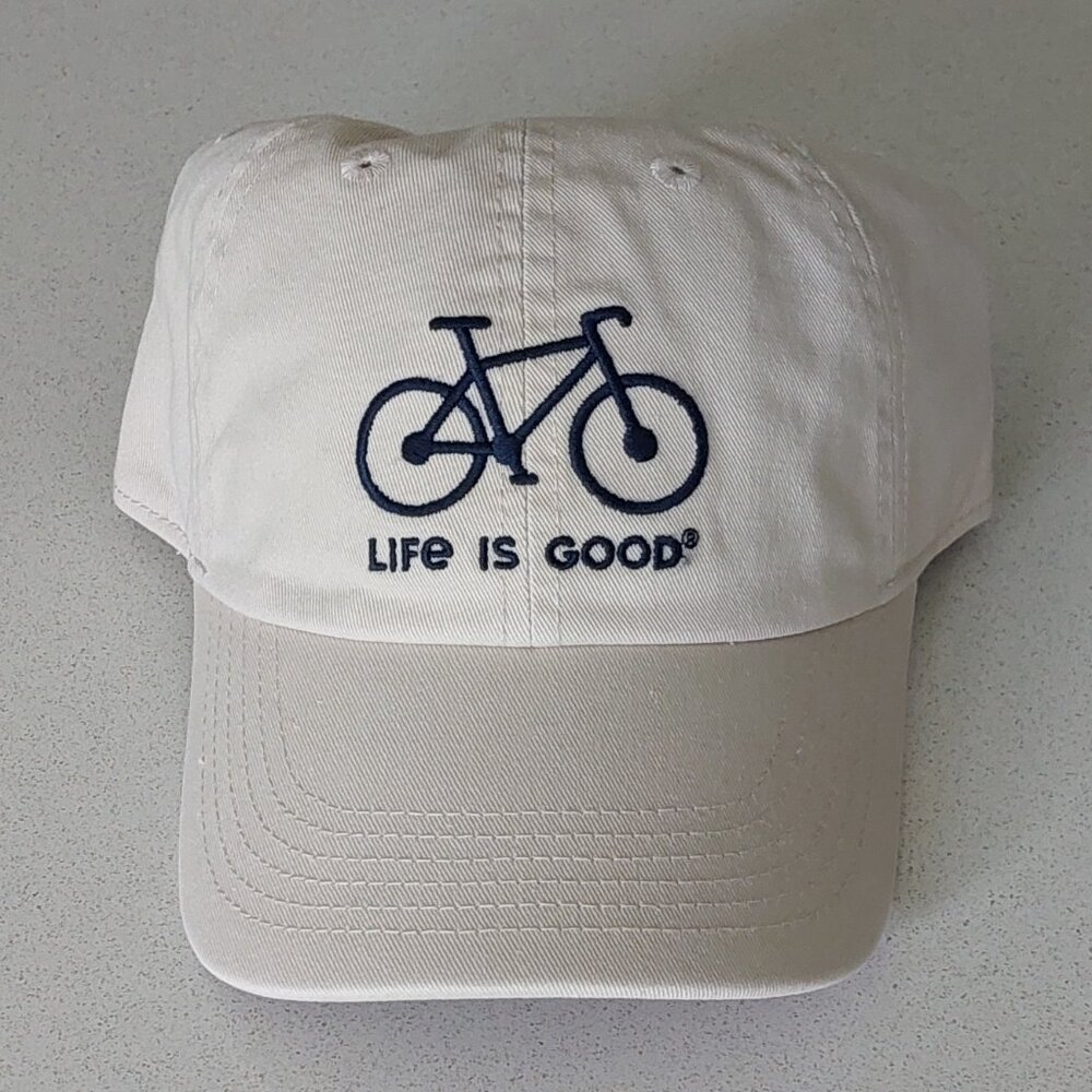 Life is Good Unisex Light Tan Chill Cap with Embroidered Blue Bicycle